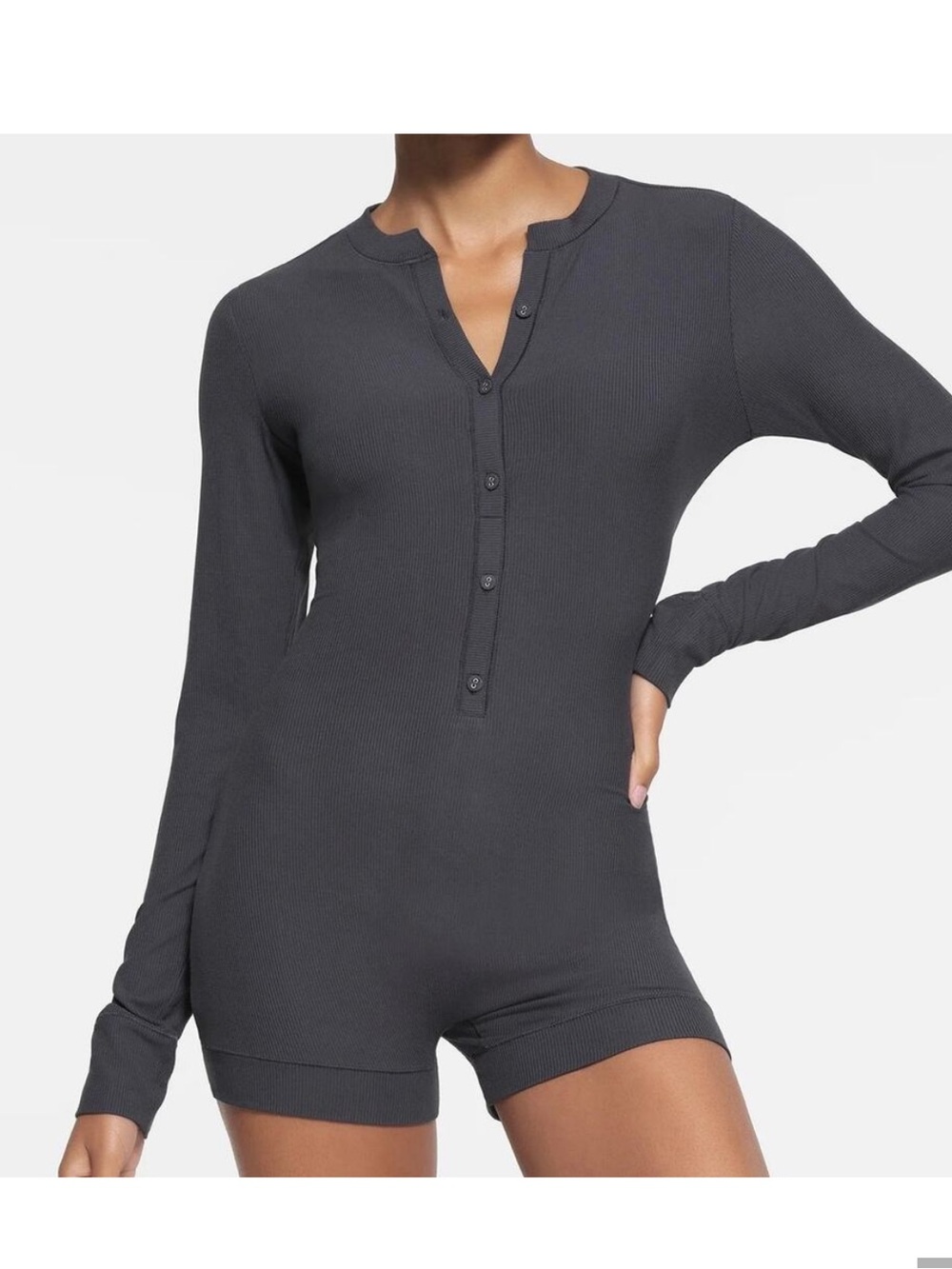 Skims Soft Lounge Button Up Henley Romper Size Large Gunmetal Ribbed Long Sleeve